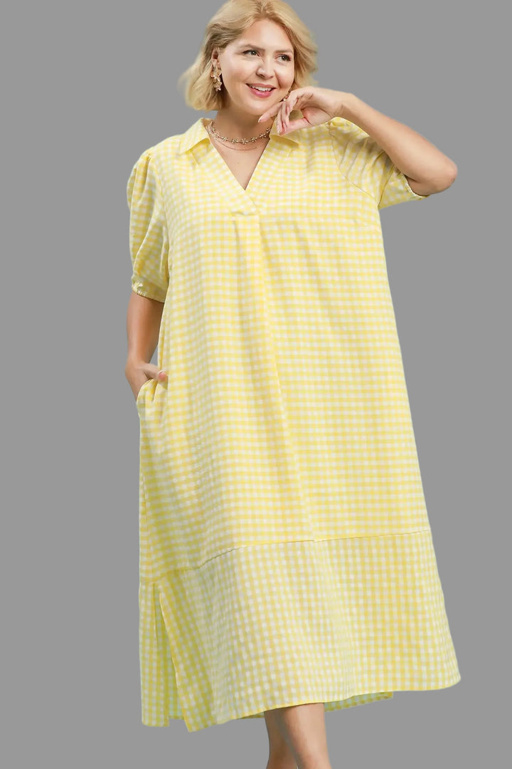 Umgee Women's Plus Size Yellow Gingham Midi Dress 1XL