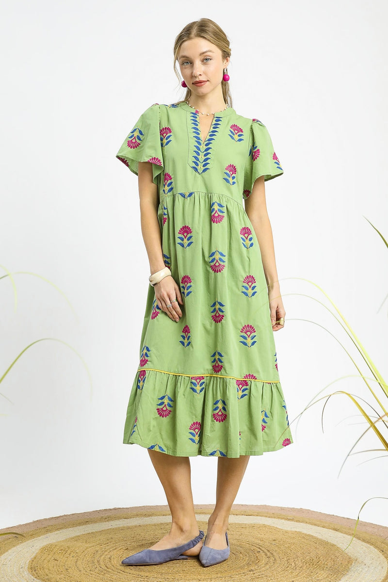 World Traveler Embroidered Green Dress