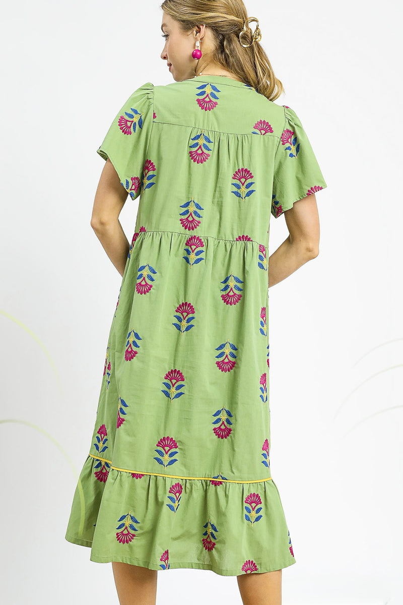 World Traveler Embroidered Green Dress