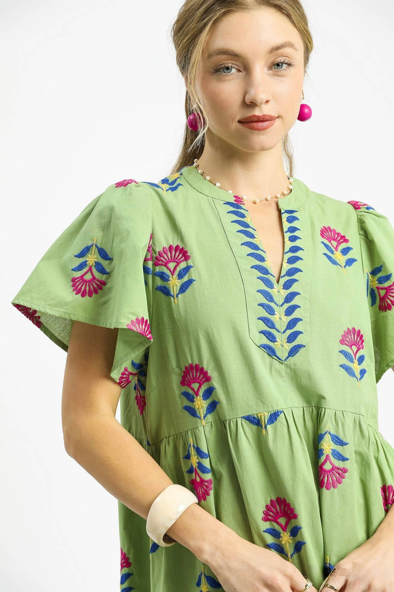 World Traveler Embroidered Green Dress