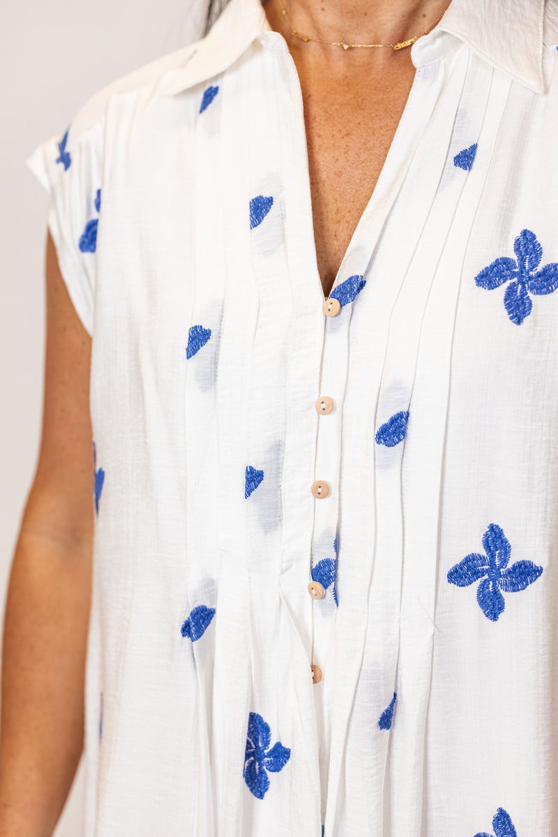 umgee white blue floral linen resort midi dress