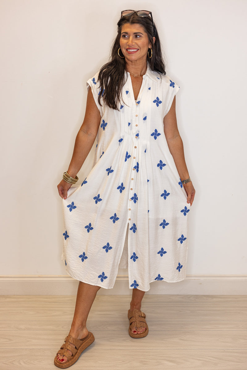 umgee white blue floral linen resort midi dress