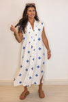 umgee white blue floral linen resort midi dress