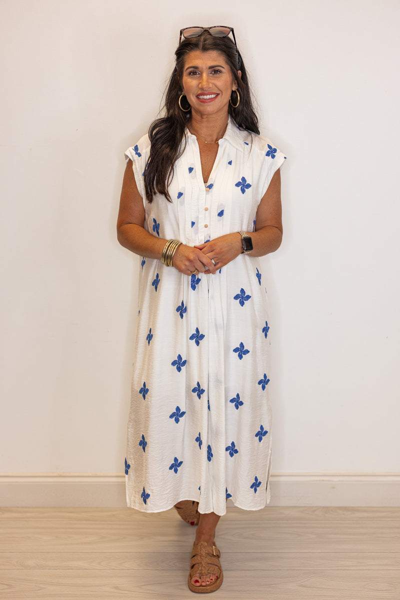 umgee white blue floral linen resort midi dress