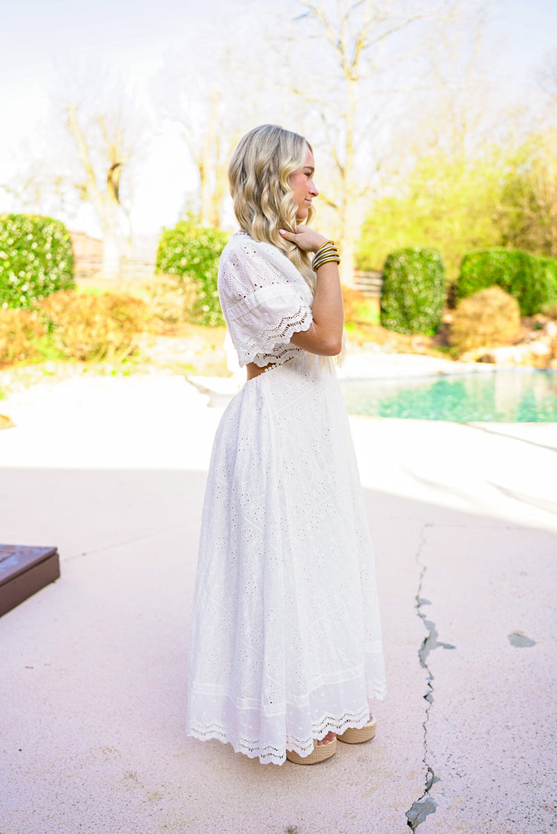 white crochet eyelet bridal shower dress