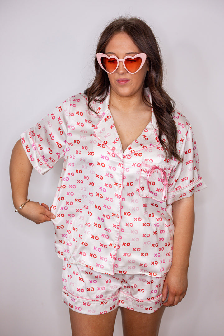 pink red xoxo satin pajama set