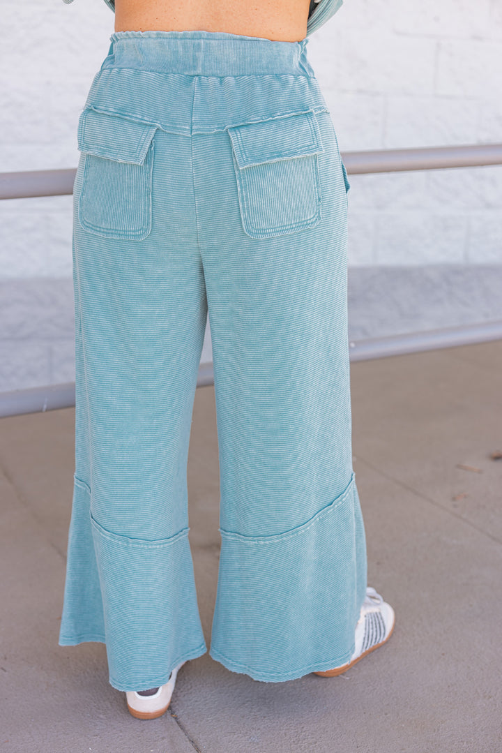 Women's mineral washed teal ribbed knit pants by Easel showing back view