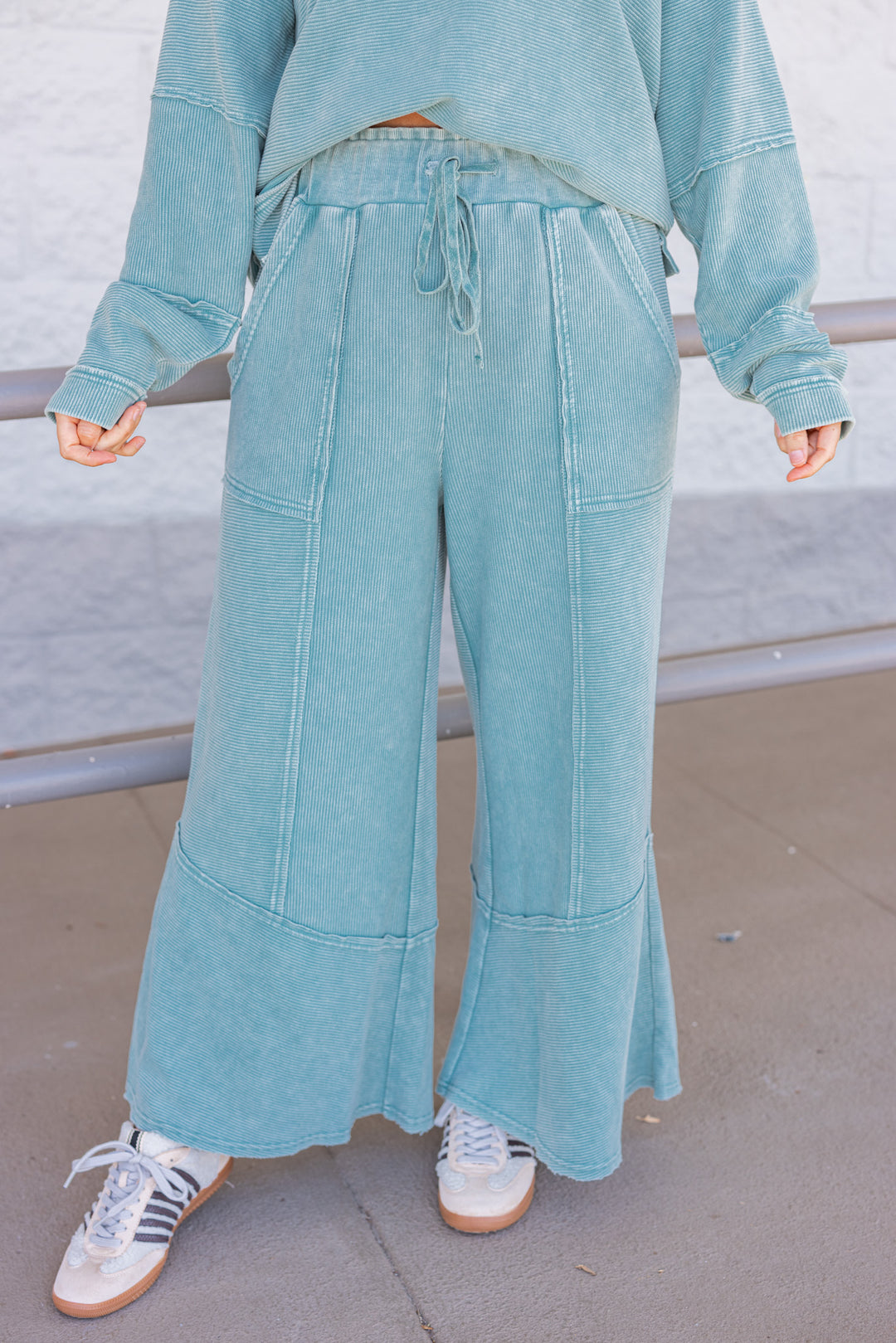 Women's mineral washed teal ribbed knit pants by Easel