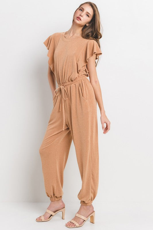 Ces Femme Mineral washed amber french terry knit flutter sleeve jumpsuit with elastic waist