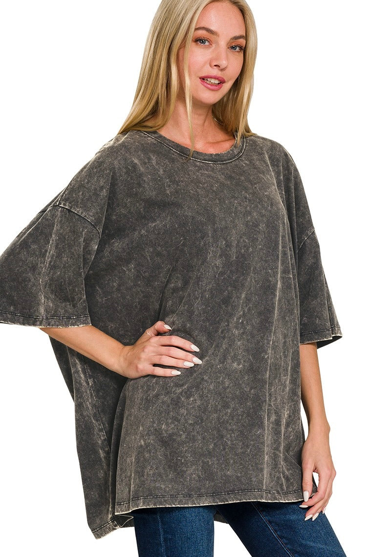 up close view of Zenana washed black boyfriend tee, also in plus