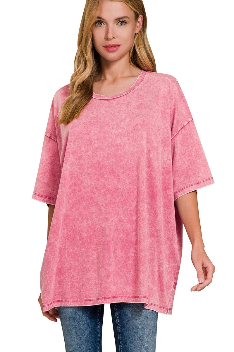 Up close view of Zenana acid washed ash pink boyfriend tee, also in plus