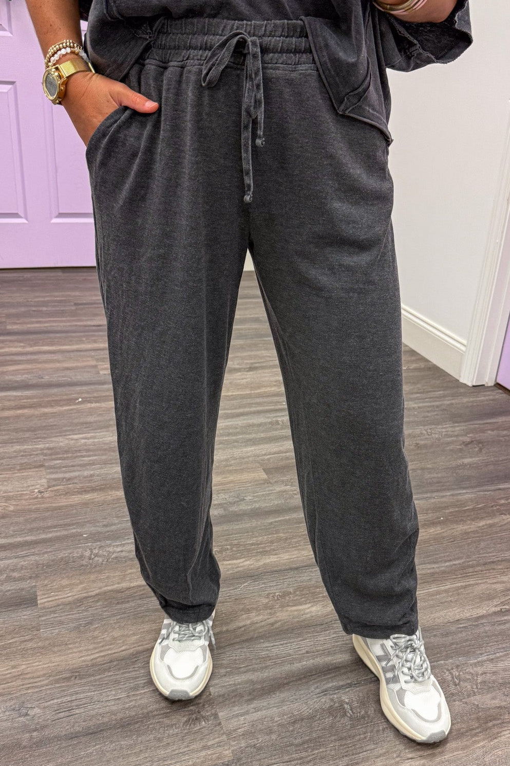 solid mineral washed black barrel leg drawstring semi-cropped knit loungewear pants
