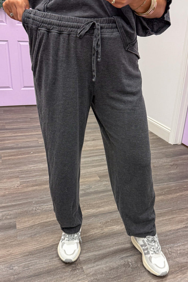 solid mineral washed black elastic waist barrel leg semi-cropped knit loungewear pants
