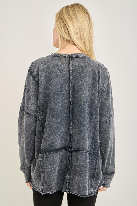 Women's mineral washed black top with raw edge square details by j.her showing back view