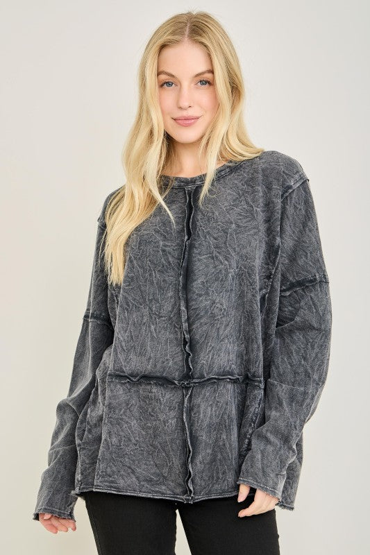Women's mineral washed black top with raw edge square details by j.her