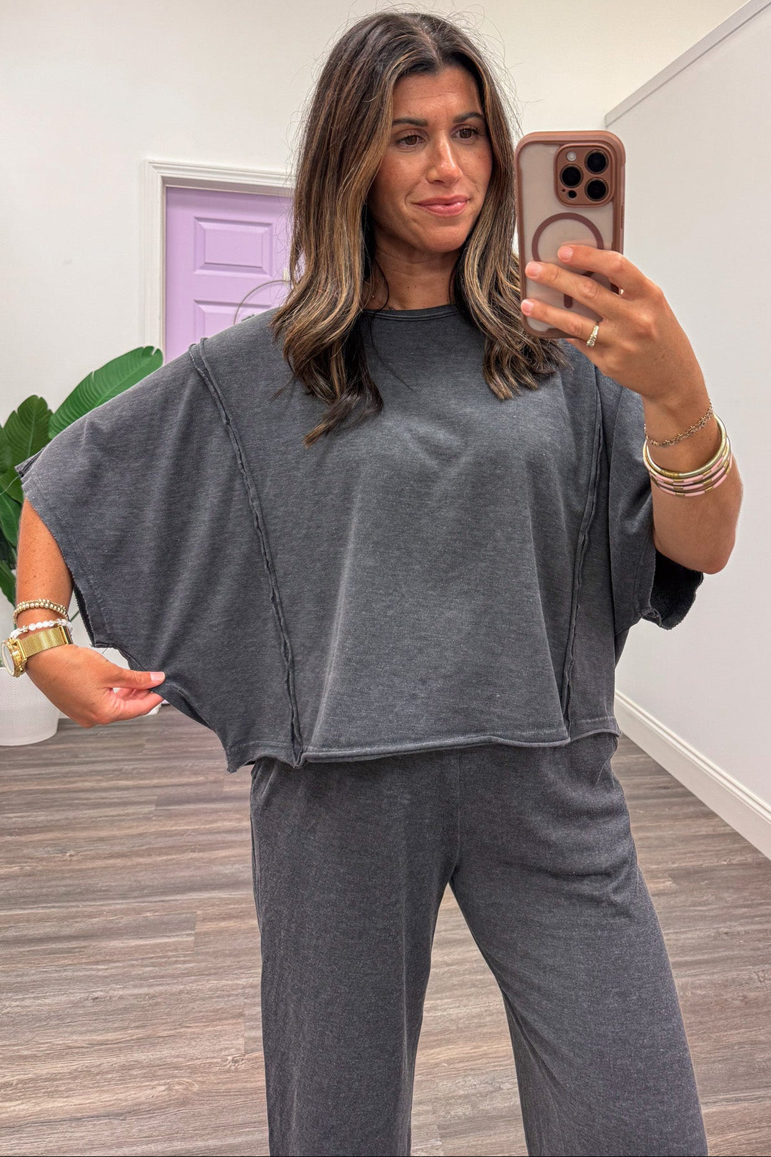 solid mineral washed black short sleeve relaxed silhouette boxy fit knit loungewear top