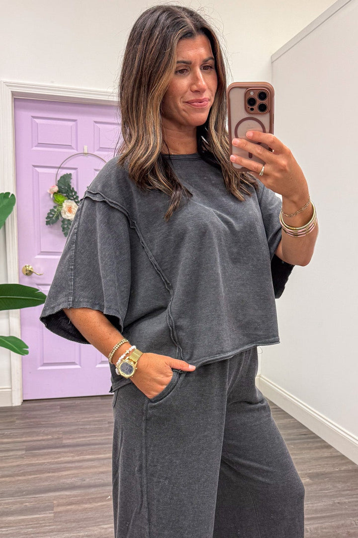 solid mineral washed black drop shoulder short sleeve boxy fit knit loungewear top
