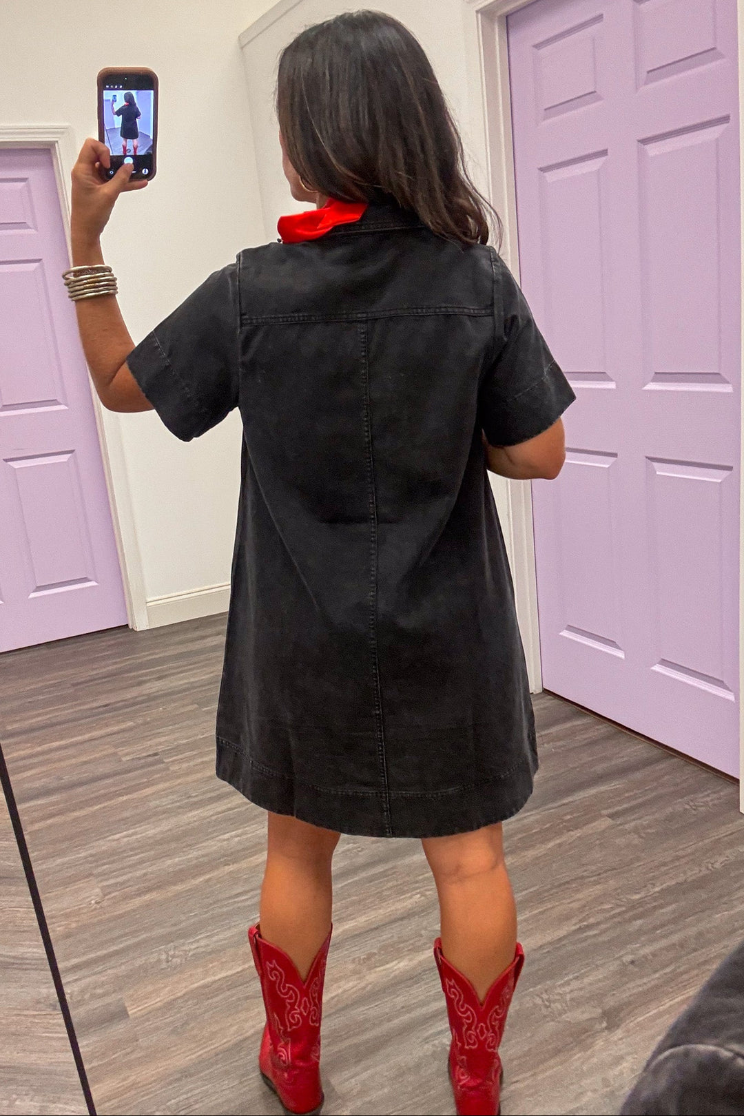 solid washed black short sleeve v neckline lightweight twill denim short dress