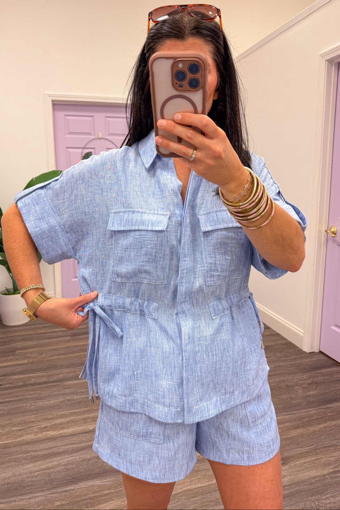 washed blue chambray adjustable cinch waist ties button down short sleeve top