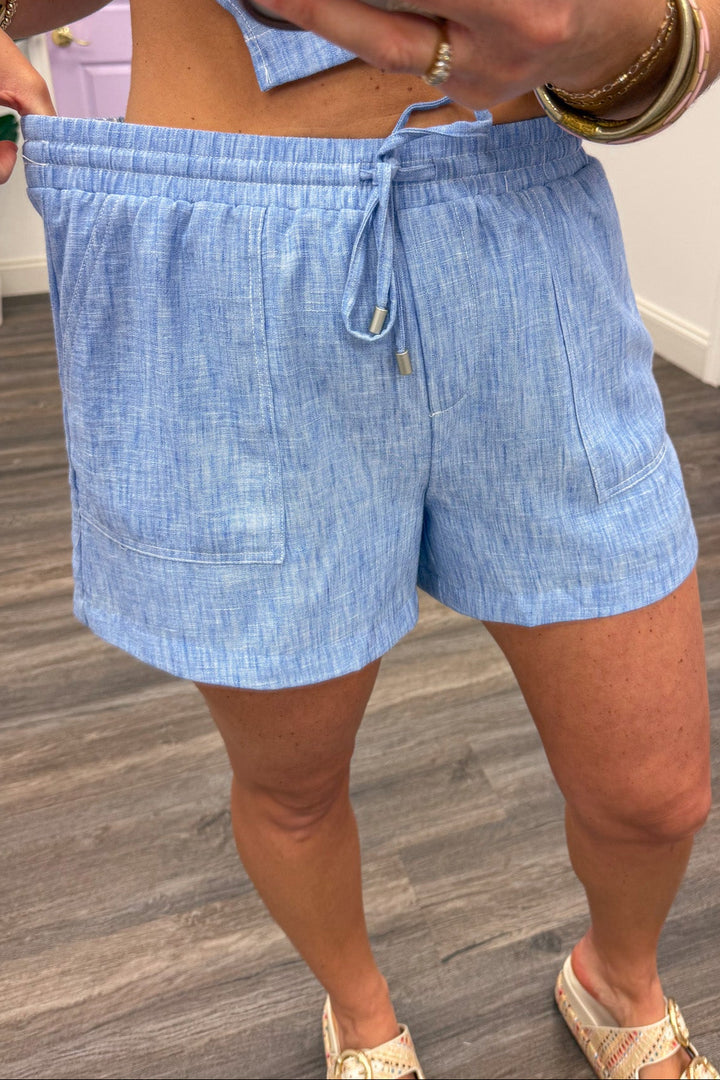 washed blue chambray stretch elastic waistband wide leg shorts