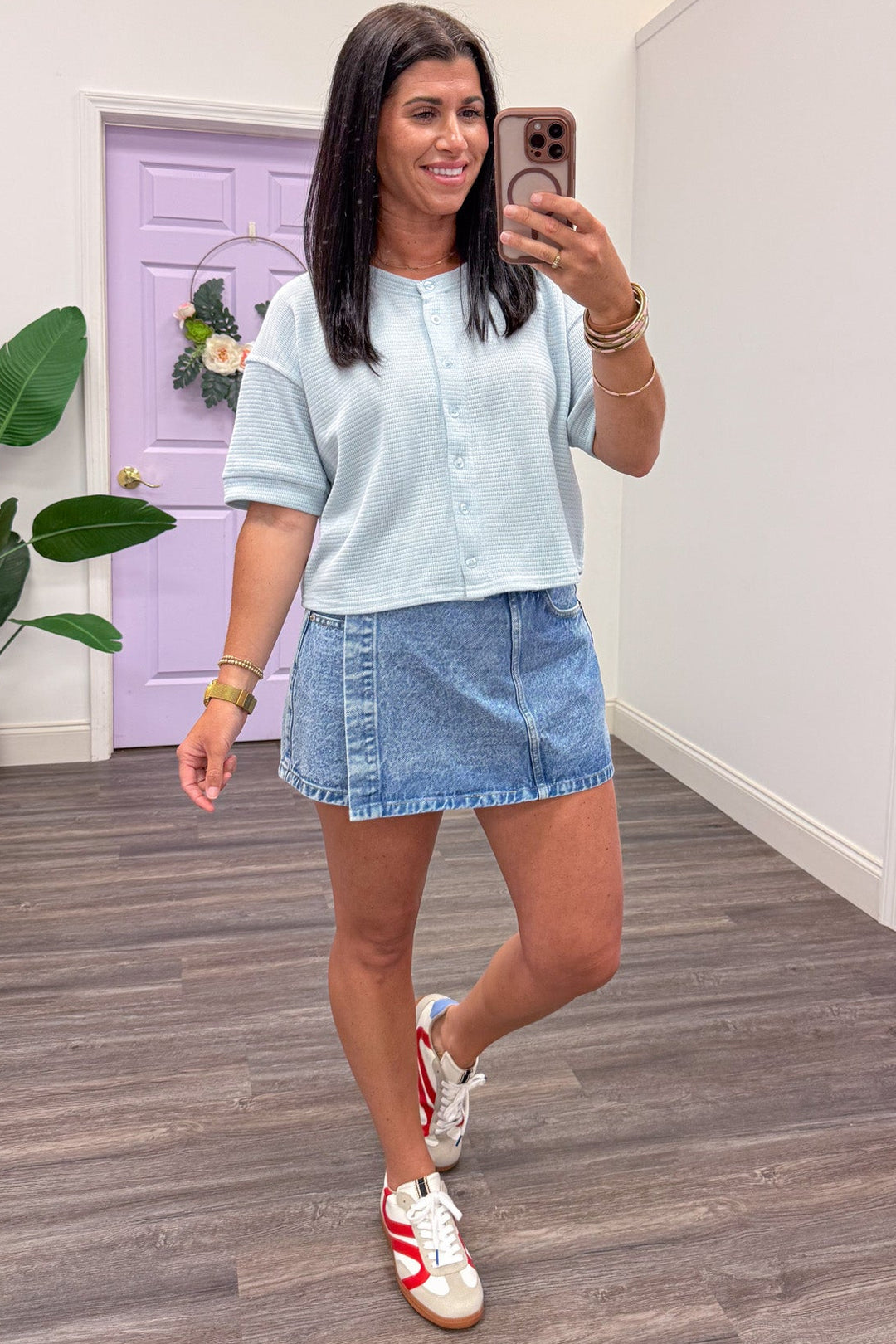 washed blue denim mini skort with skirt-style front flap