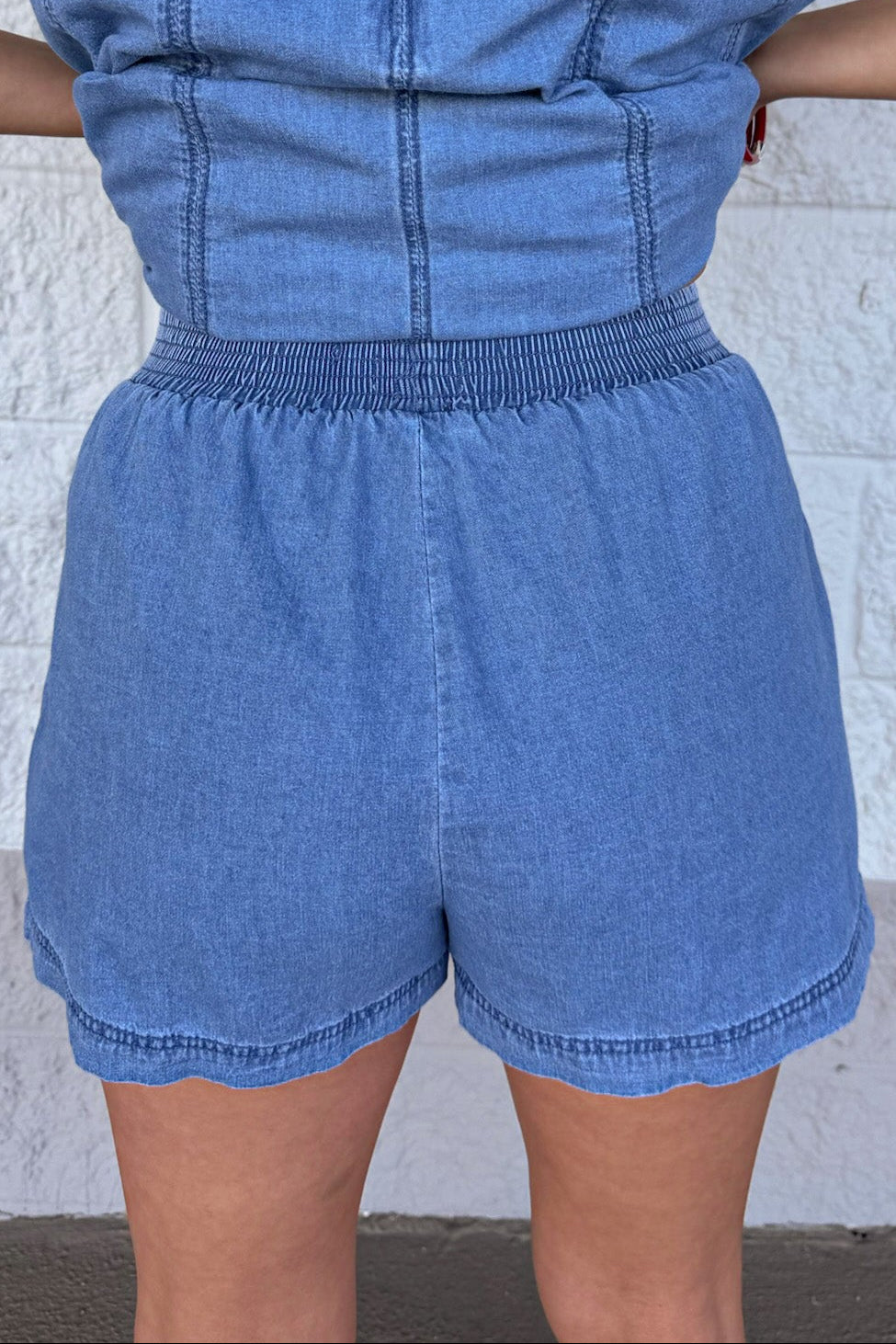 washed blue denim cotton set with wide leg shorts