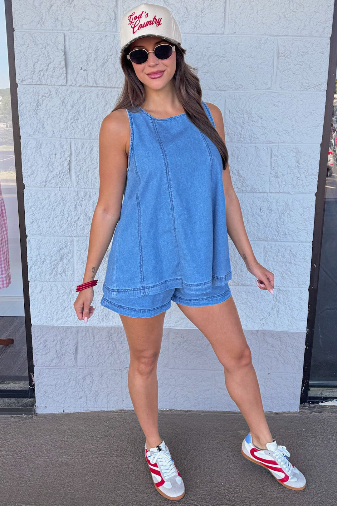washed blue denim sleeveless top and shorts cotton set