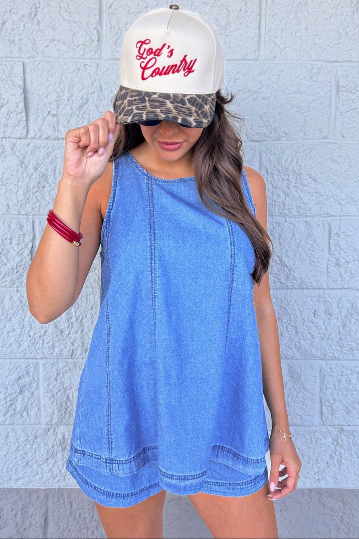 washed blue denim cotton set with crew neckline top