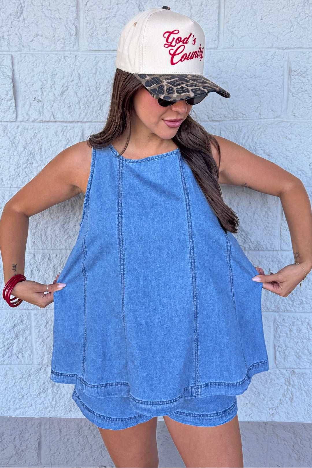 washed blue denim cotton set with sleeveless flowy tank top