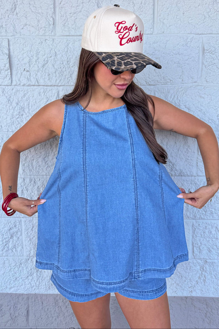 washed blue denim cotton set with sleeveless flowy tank top