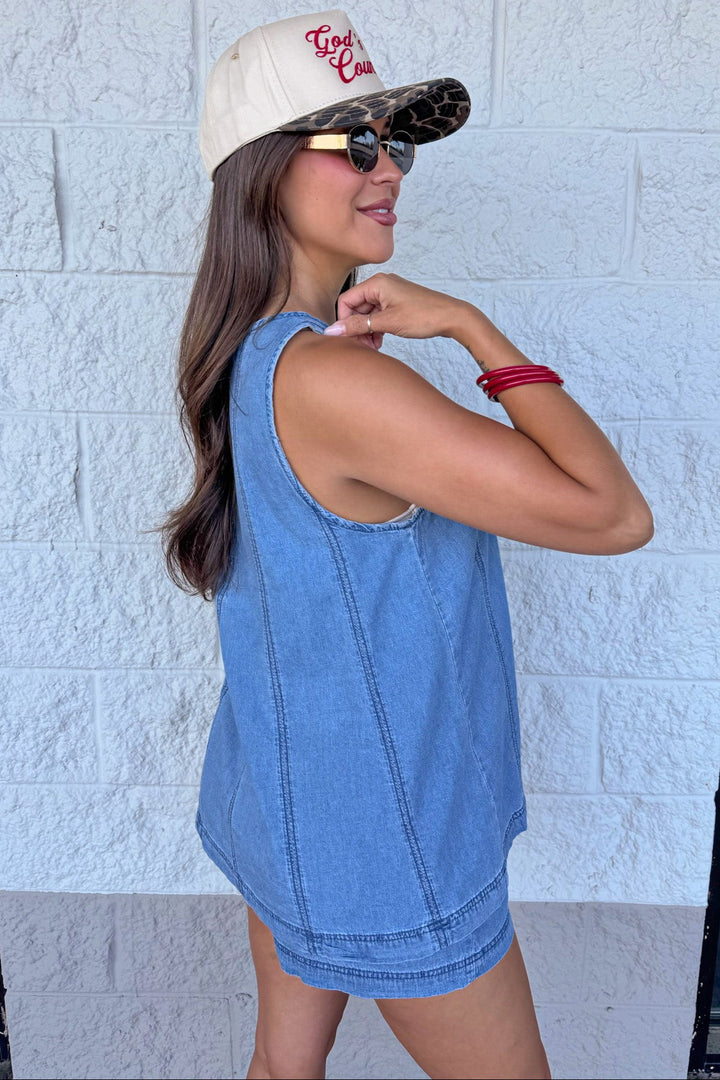 washed blue denim cotton set with reverse seam details top