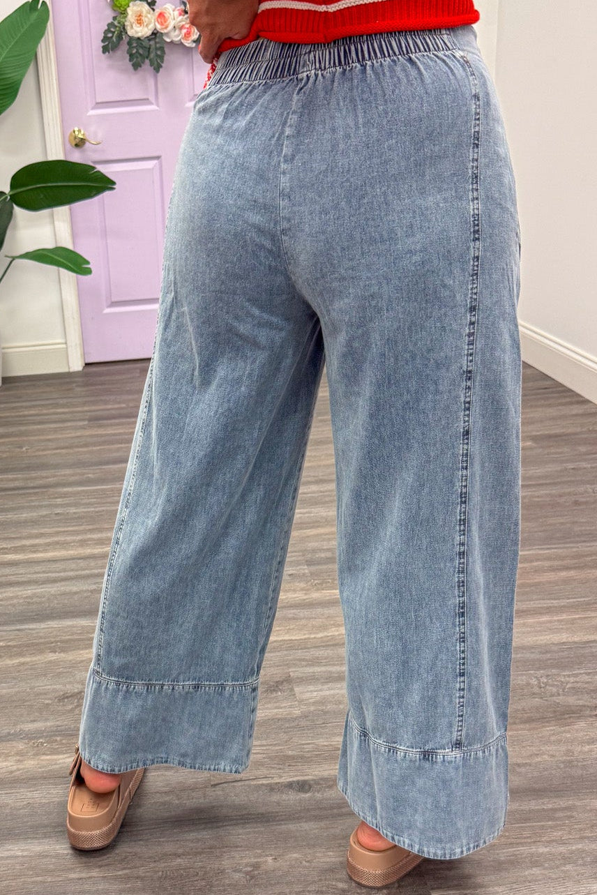 light washed blue denim wide elastic waistband wide leg pants