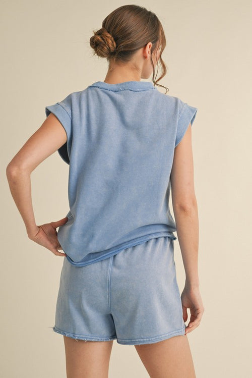 blue matching shorts loungewear set