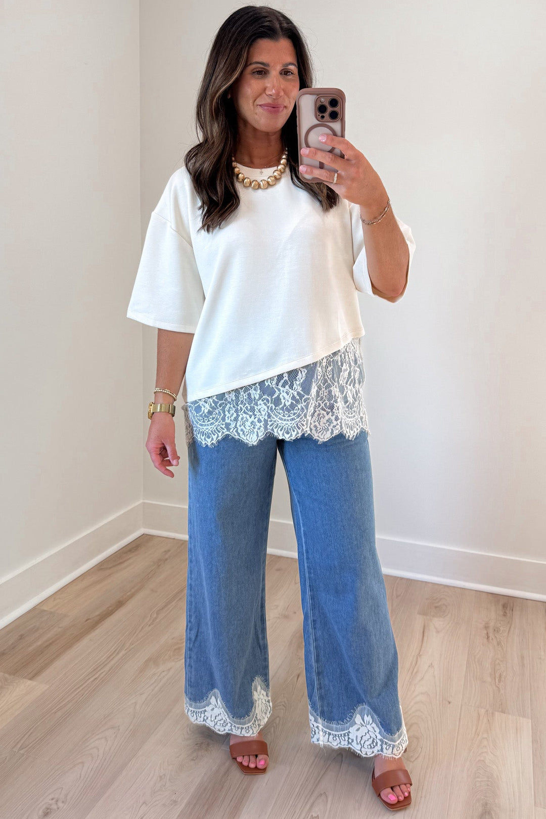 washed blue with white lace trimmed hem wide leg elastic waist denim pants