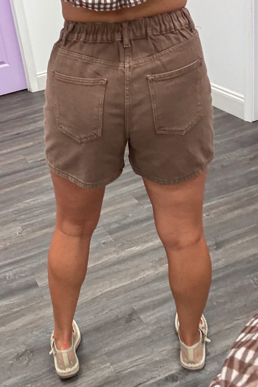 washed chocolate brown button fly closure wide leg denim shorts with back pockets