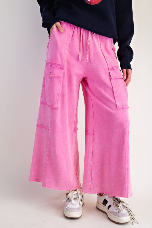 Women's mineral washed bubblegum pink terry knit cargo pants by Easel