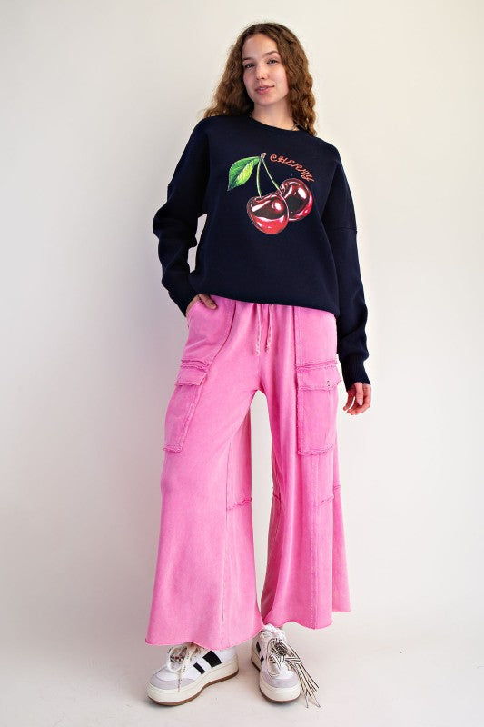 Mineral washed bubblegum pink terry knit cargo pants by Easel showing fullf front view