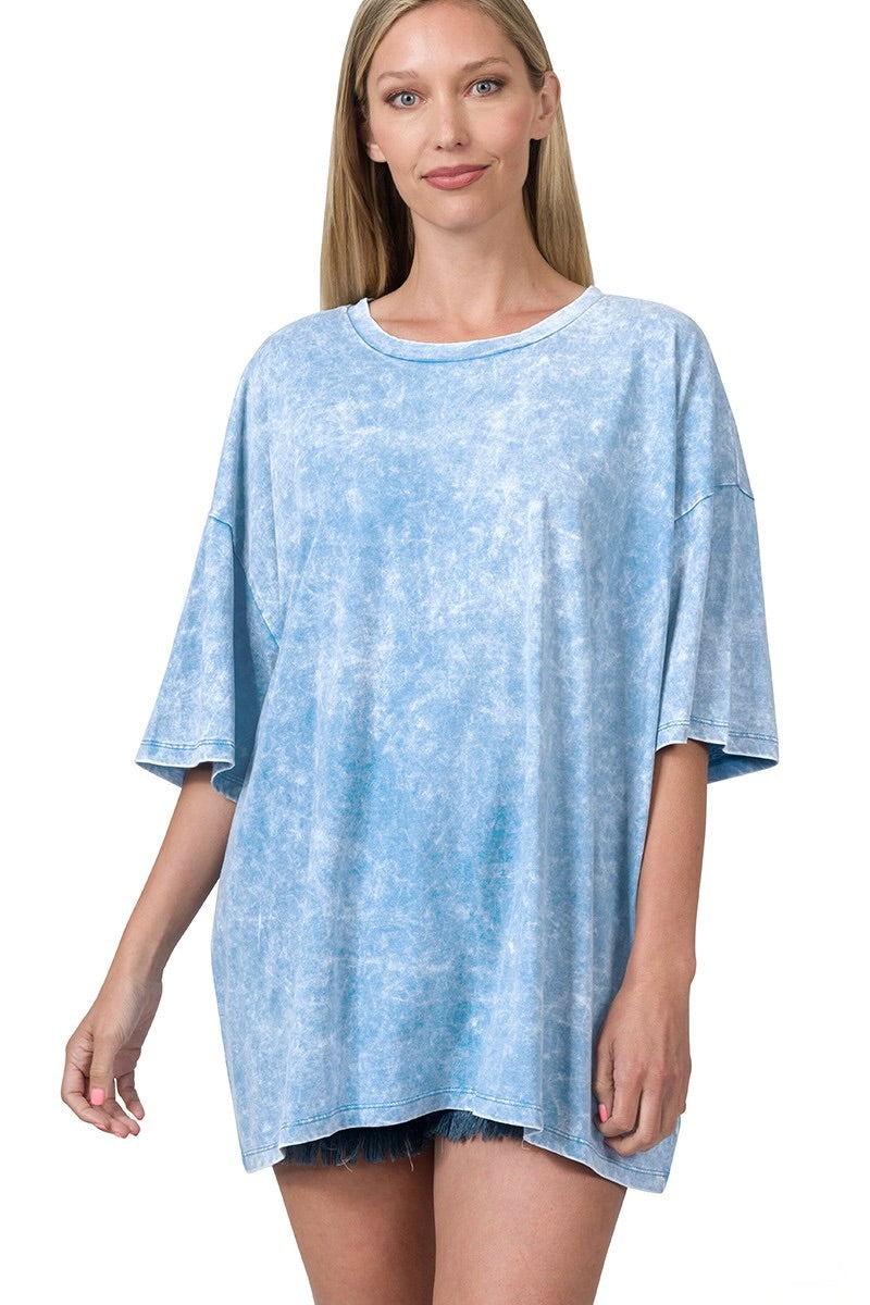 Up close view of Zenana acid washed boyfriend tee, in plus size too