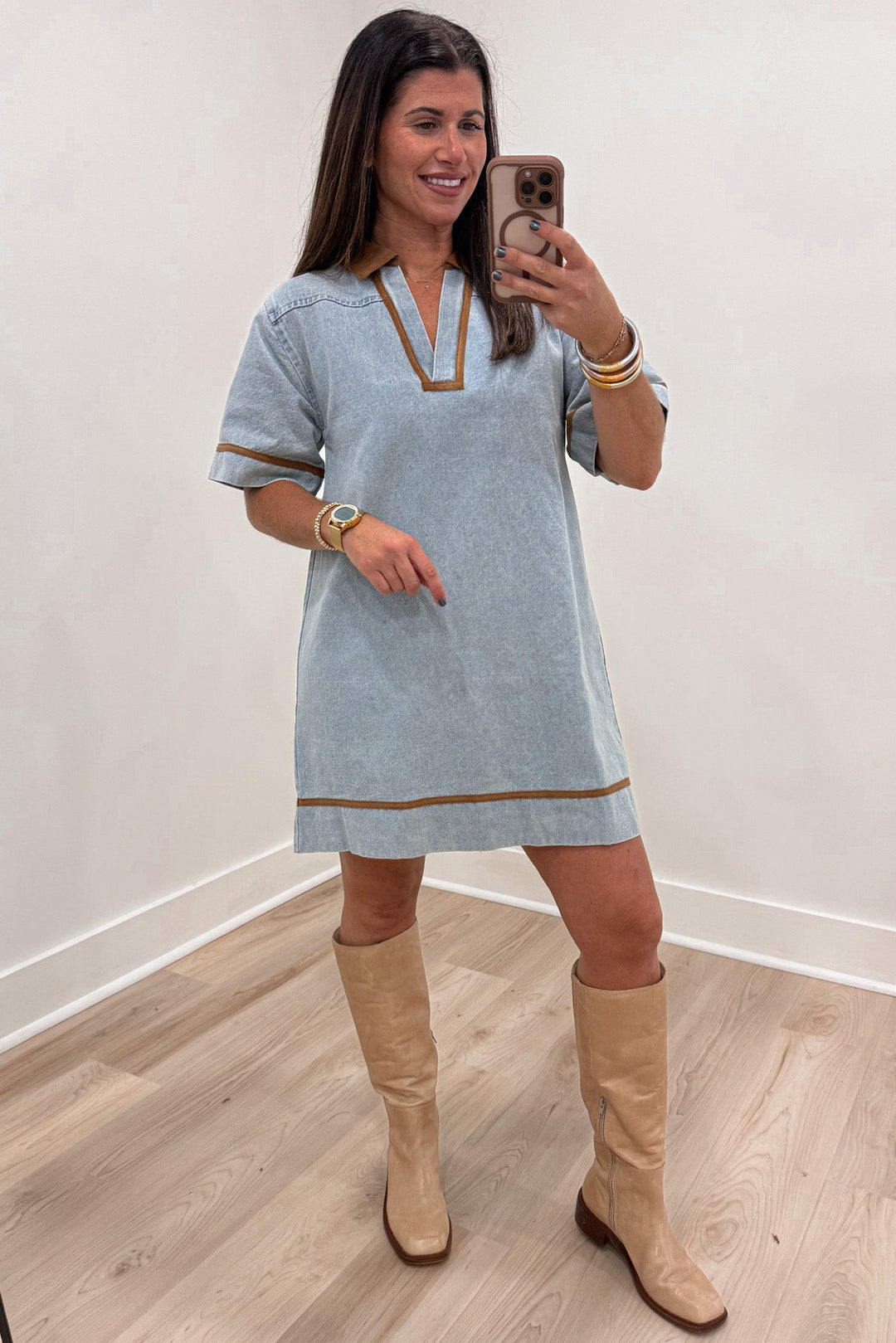 washed blue denim with brown corduroy trim short sleeve v neckline short dress