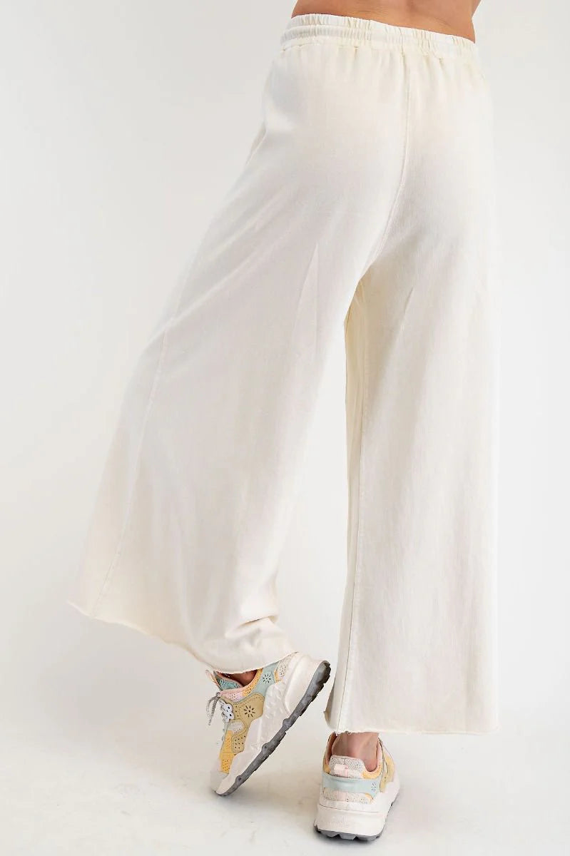 Women's mineral washed ecru terry knit wide leg cropped pants by Easel showing back view