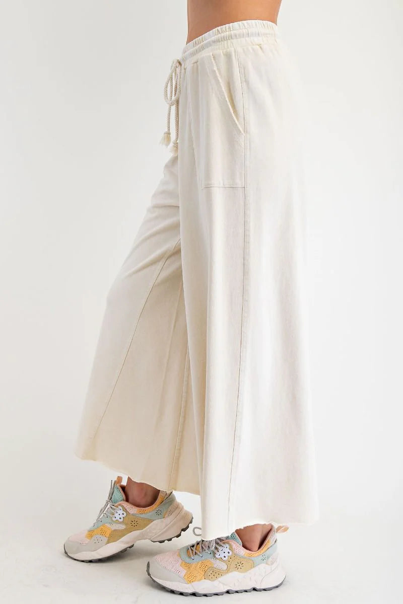 Women's mineral washed ecru terry knit wide leg cropped pants by Easel showing side view