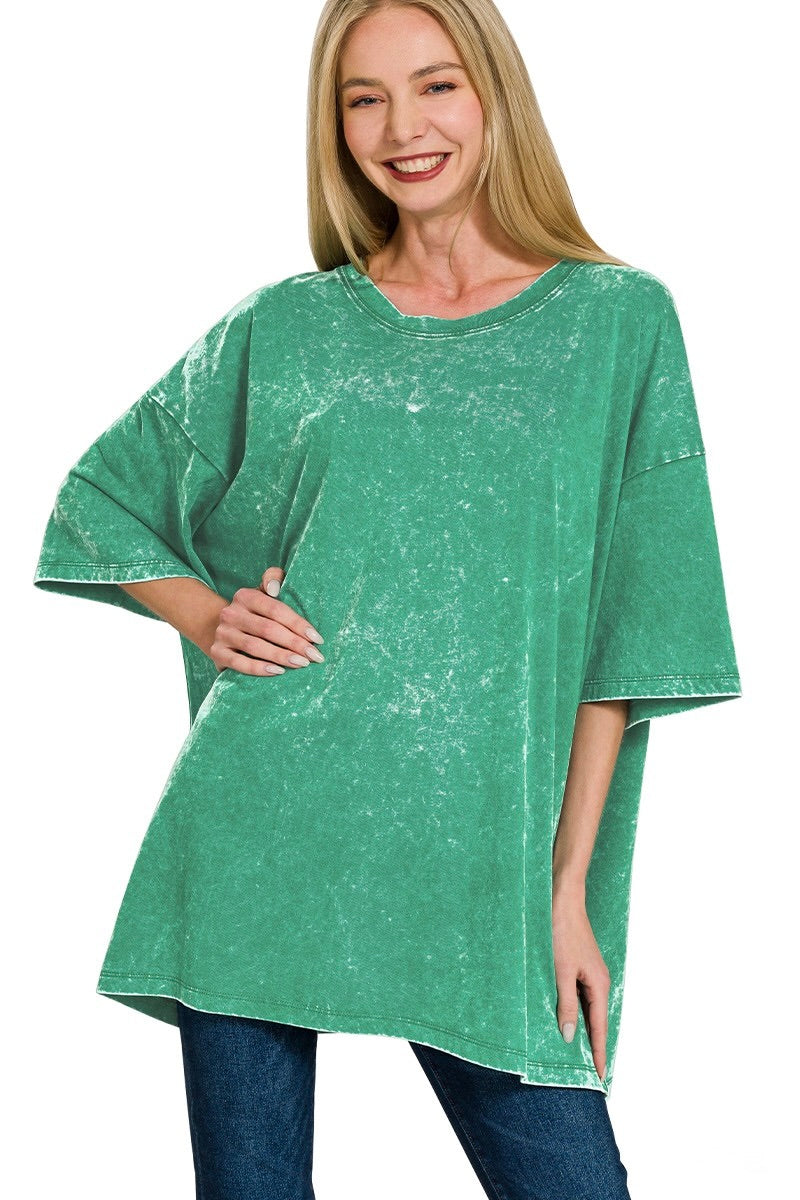 Up close view of Zenana washed forest green boyfriend tee, also in plus size
