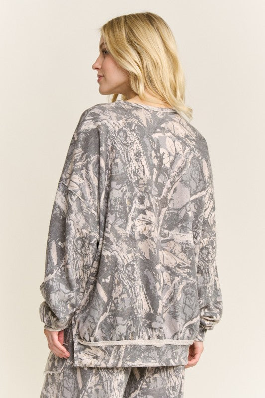 Women's washed hunter green terry knit sweatshirt top in tree camo print by j.her showing back view