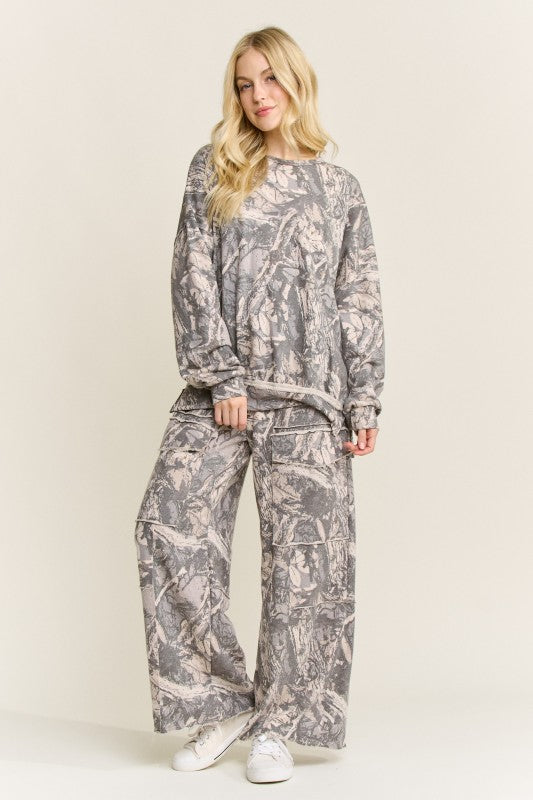 Women's washed hunter green terry knit sweatshirt top in tree camo print by j.her showing full front view