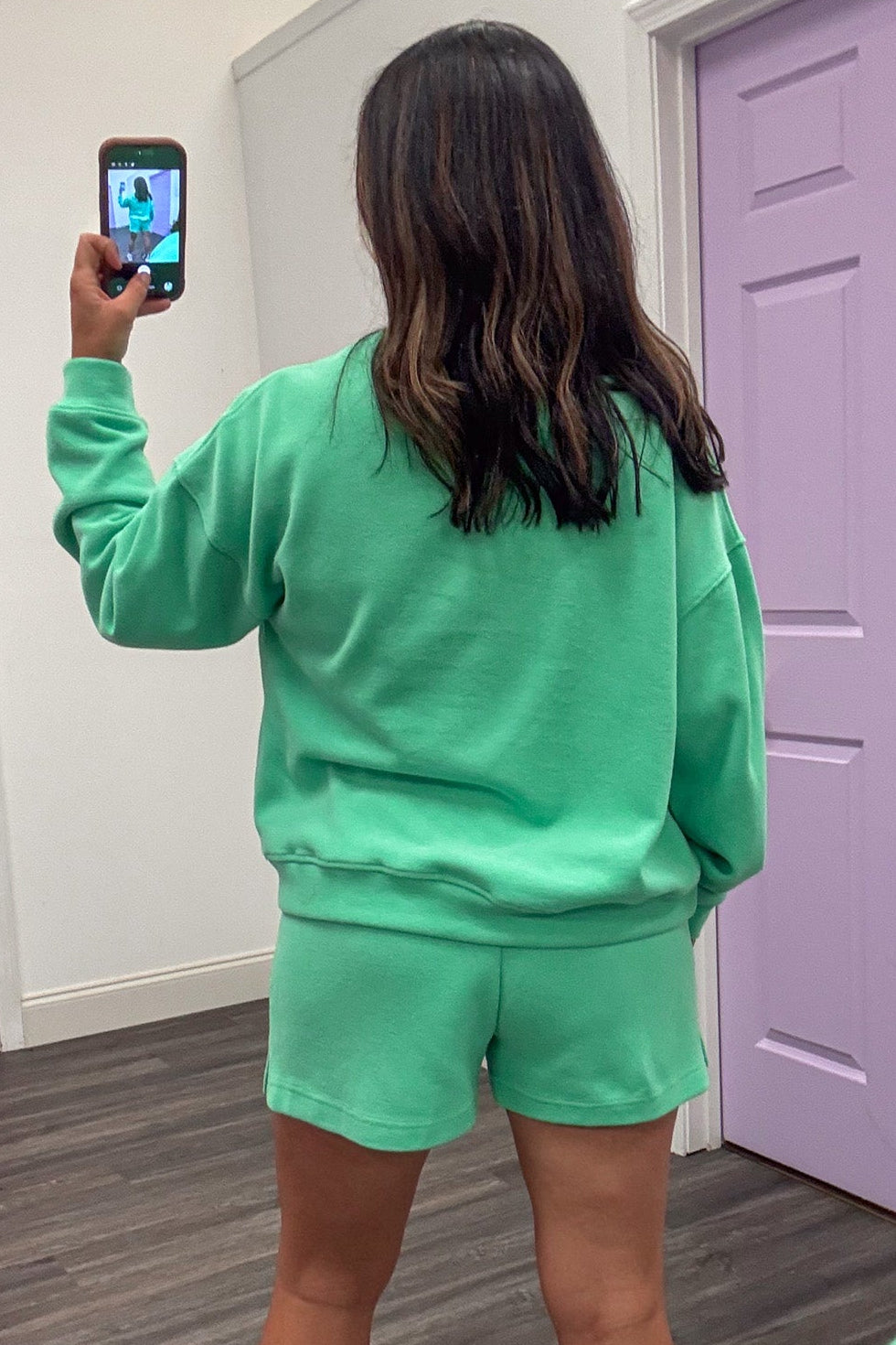 solid washed green banded hem pullover top and shorts matching knit loungewear set