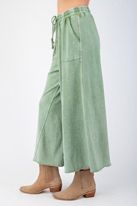 Women's mineral washed juniper green terry knit wide leg cropped pants showing side view