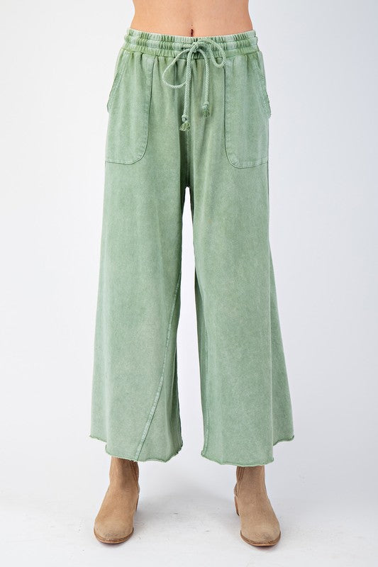 Women's mineral washed juniper green erry knit wide leg cropped pants by Easel