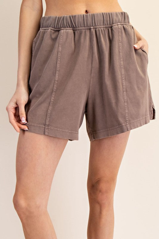 Women's elastic waist knit shorts in mineral washed mocha brown by Rae Mode