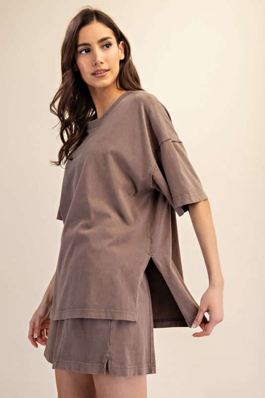 Women's oversized top in mineral washed mocha brown by Rae Mode showing slight side view