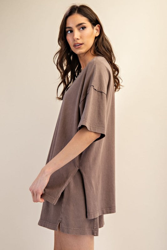 Women's oversized top in mineral washed mocha brown by Rae Mode showing full side view